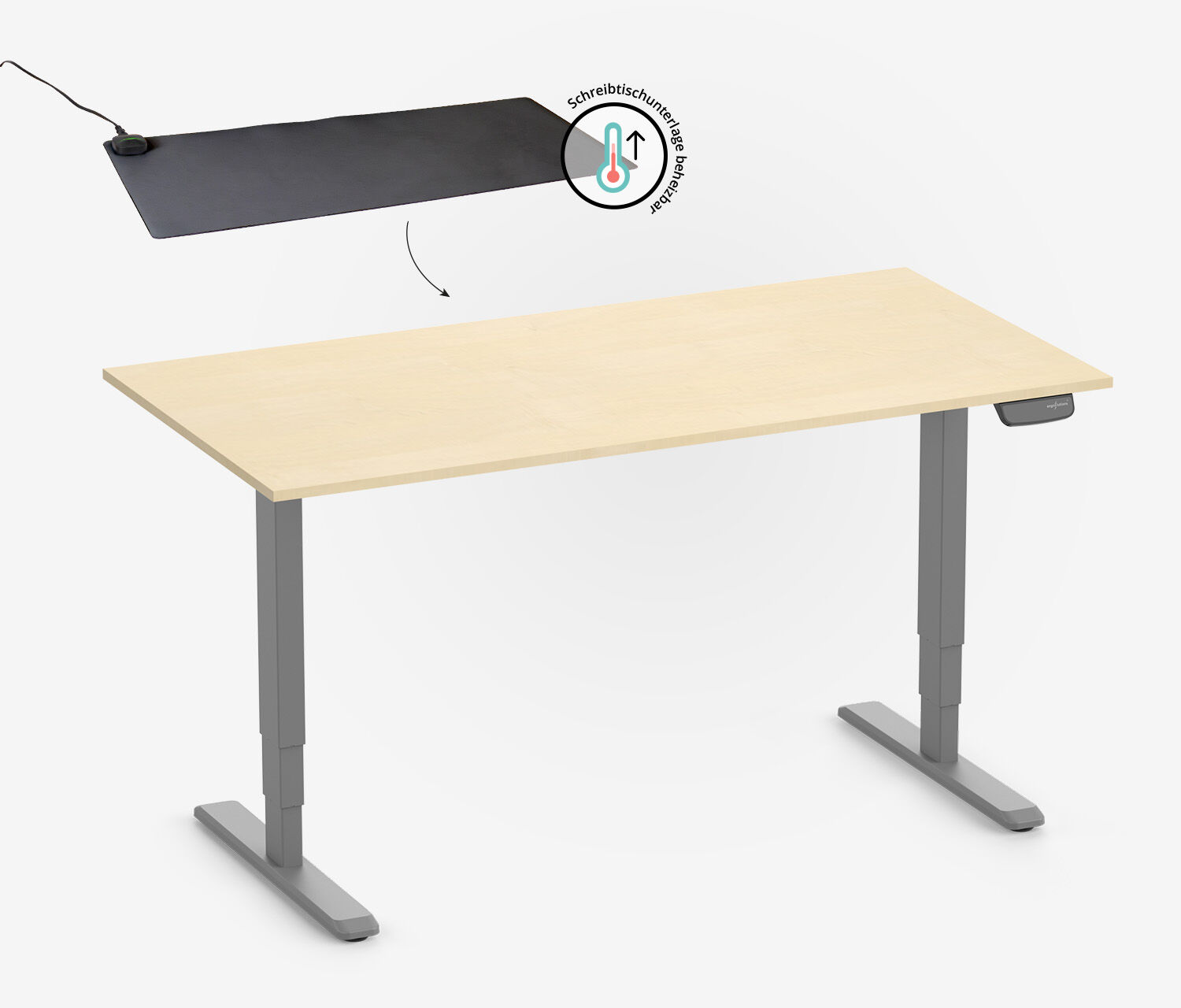PRIMUS Rechteckschreibtisch, Gestell Grau, Tischplatte 1200 x 700 x 19 mm Birke + Beheizbare Schreibtischunterlage