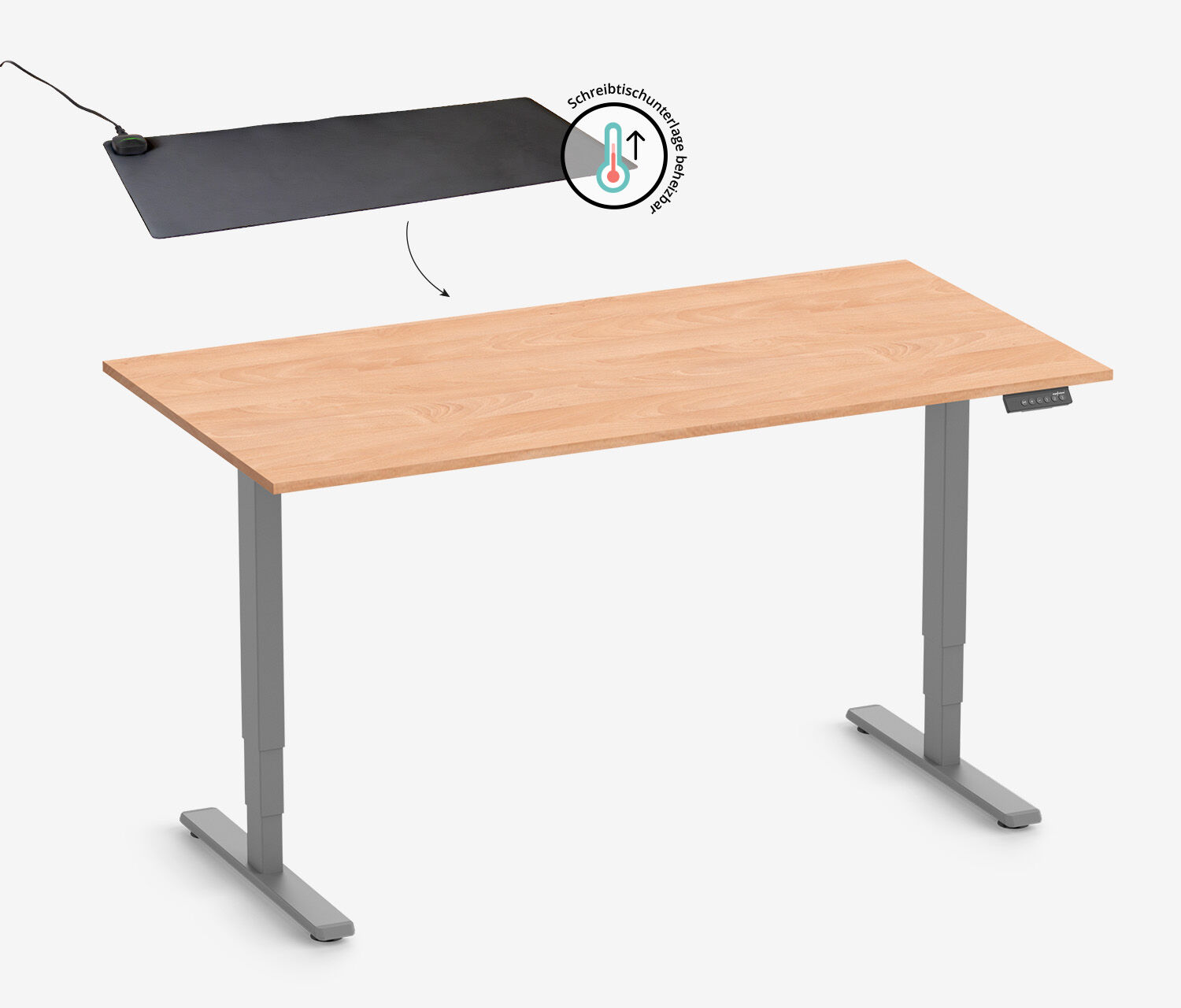 FOKUS Gestell Grau, Tischplatte 1200 x 700 x 19 mm Buche, + beheizbare Schreibtischunterlage