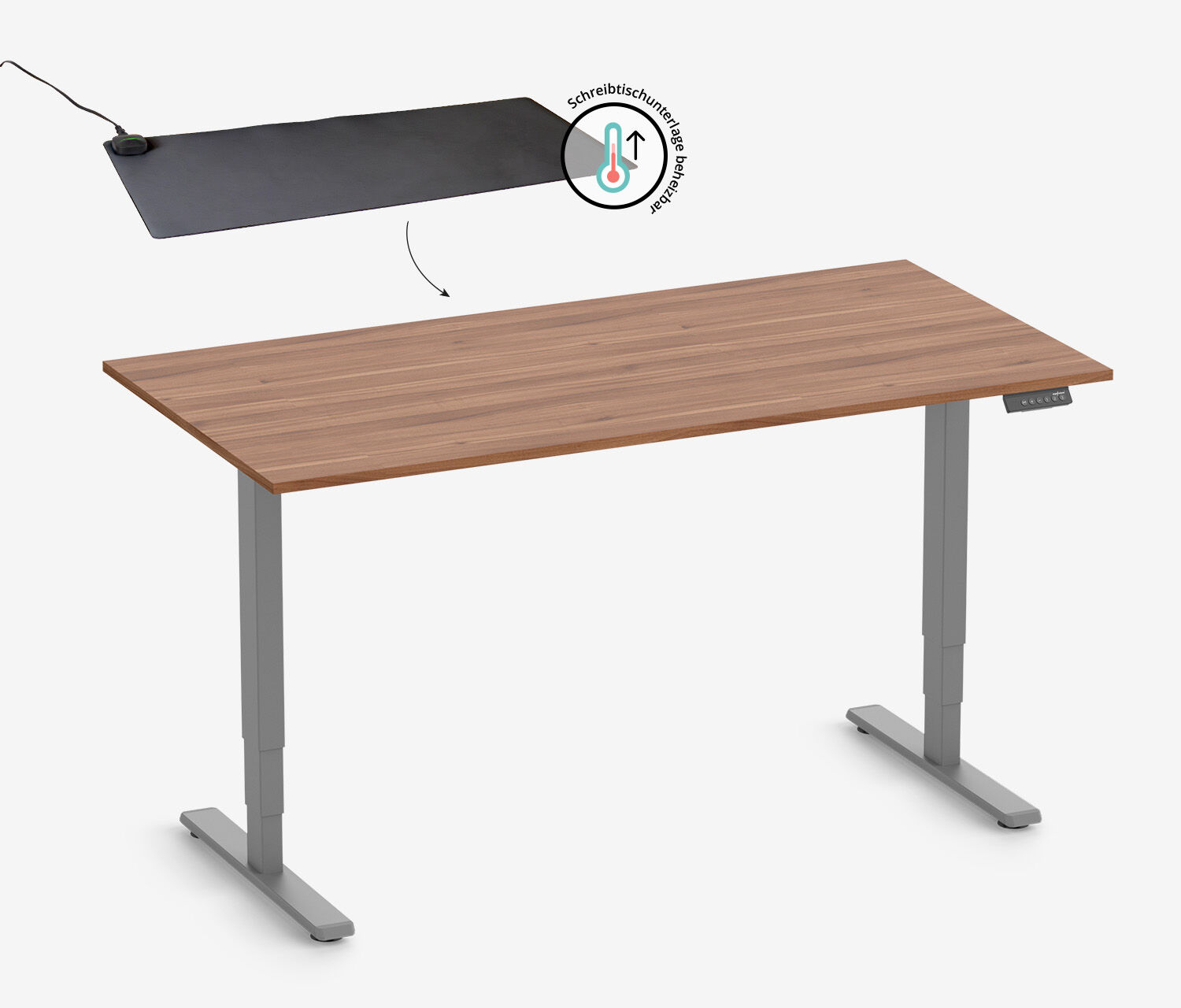 FOKUS Gestell Grau, Tischplatte 1200 x 700 x 19 mm Nussbaum, + beheizbare Schreibtischunterlage