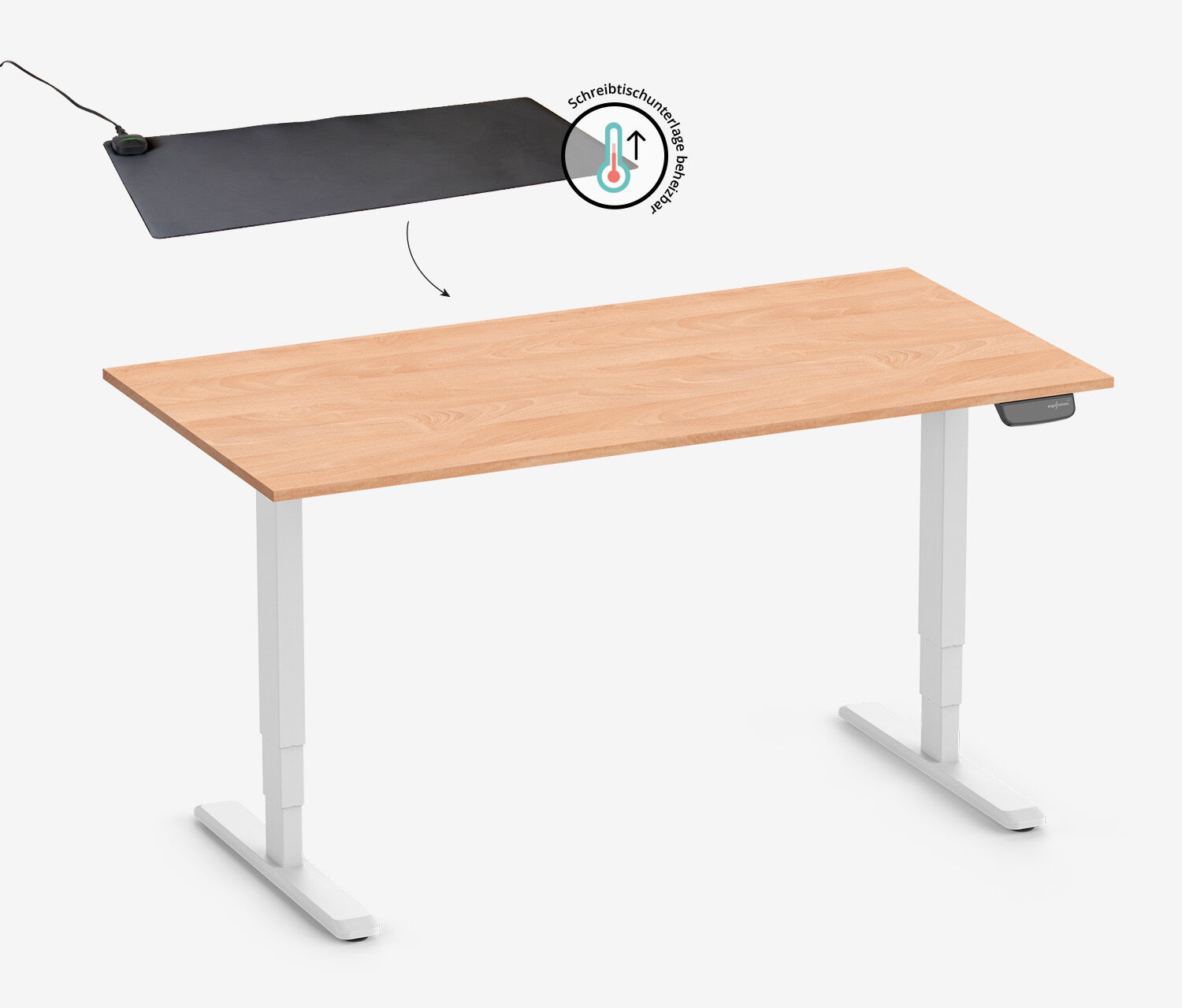 PRIMUS Rechteckschreibtisch, Gestell Weiß, Tischplatte 1200 x 700 x 19 mm Buche + Beheizbare Schreibtischunterlage