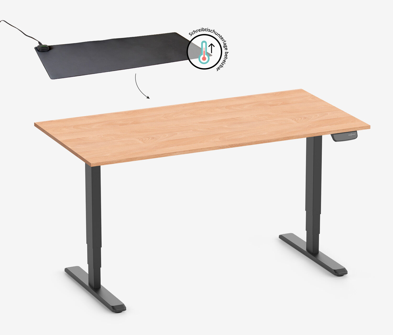 PRIMUS Rechteckschreibtisch, Gestell Weiß, Tischplatte 1200 x 700 x 19 mm Buche + Beheizbare Schreibtischunterlage