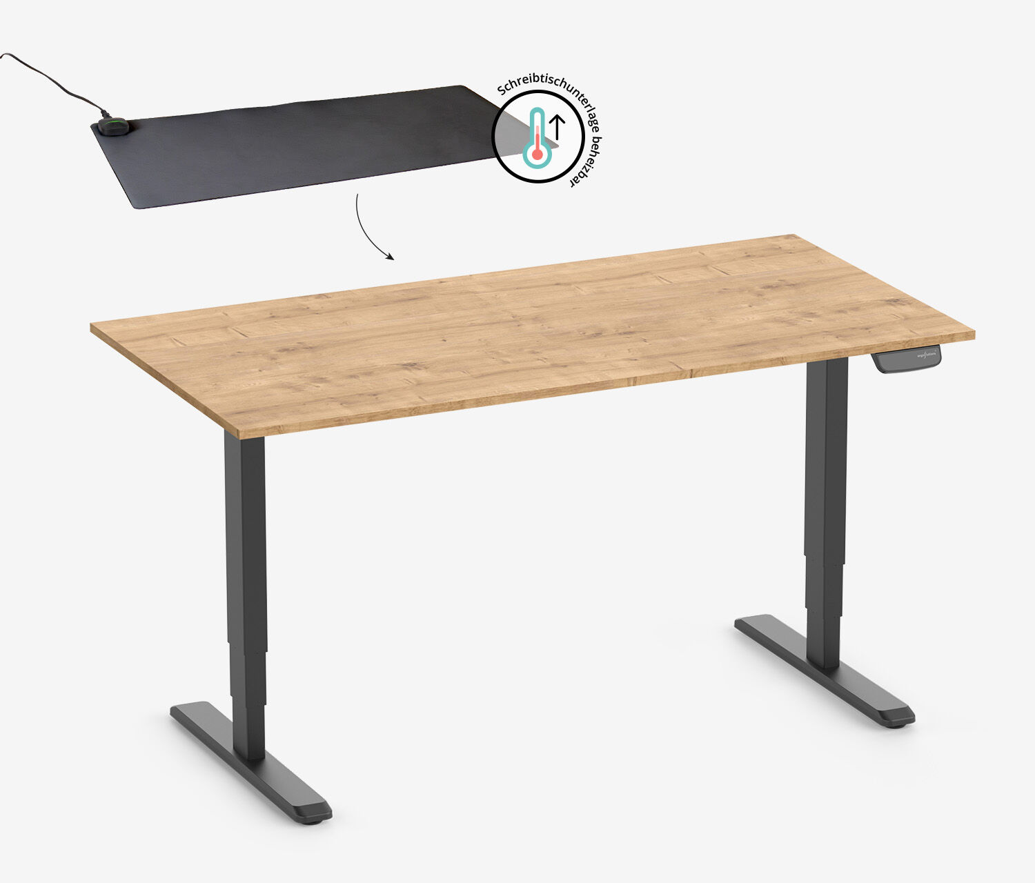 PRIMUS Rechteckschreibtisch, Gestell Schwarz, Tischplatte 1200 x 700 x 19 mm Eiche + Beheizbare Schreibtischunterlage
