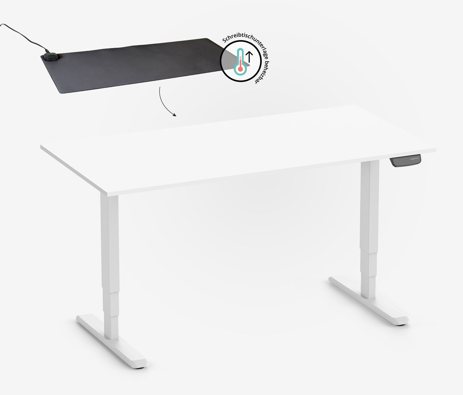 PRIMUS Rechteckschreibtisch, Gestell Weiß, Tischplatte 1200 x 700 x 19 mm Topweiß + Beheizbare Schreibtischunterlage
