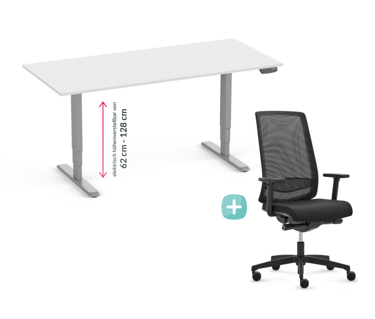 Elektrisch verstellbarer Schreibtisch in 160x80cm. Mit Drehstuhl Delta Birke