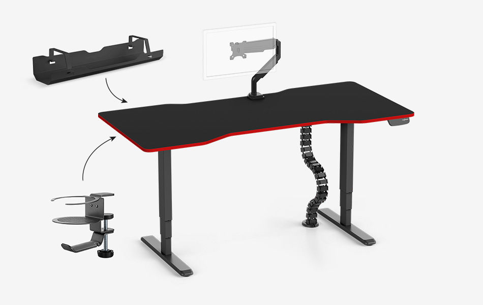 PRIMUS Gamingschreibtisch + Kabelwanne, Kabelschlange, Cupholder & Monitorhalter